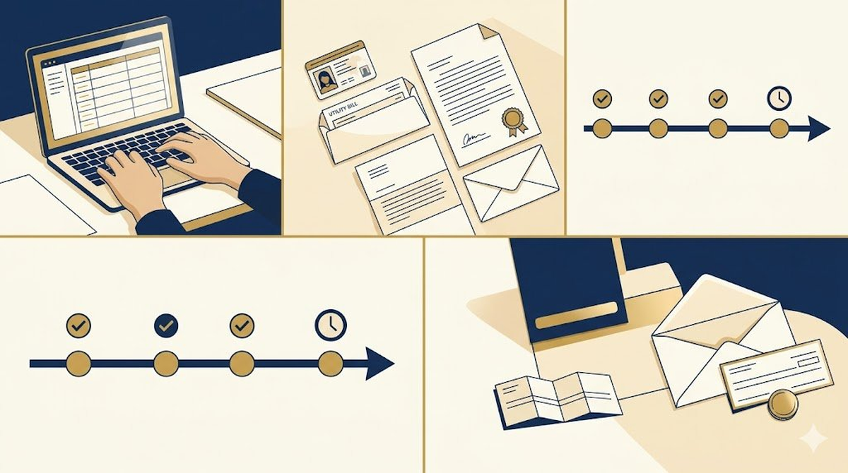 Four-step visual guide to claiming unclaimed property: search, gather documents, track timeline, receive payment